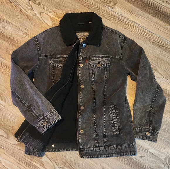 Levis Sherpa Lined Trucker Jacket Black On Black Mens S Zip Button Retro - Picture 4 of 16